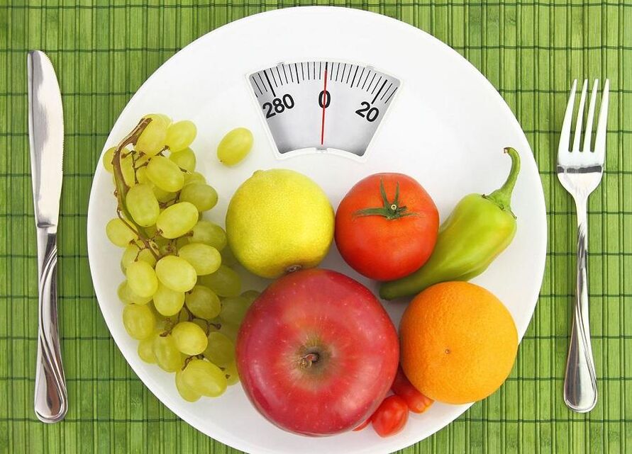 Fruits and vegetables on scales